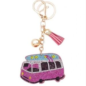 NWT Rhinestone VW Bus with Surfboard Keychain Purse Charm